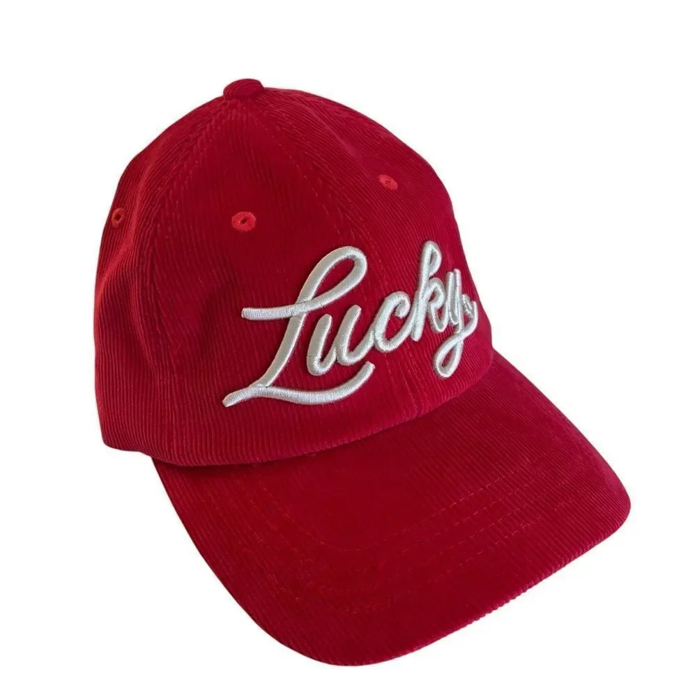 Embroidered Lucky Red Corduroy Cap.